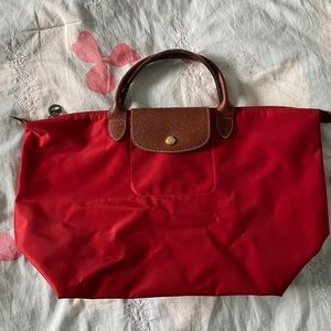 Red Medium Le Pliage Longchamp with Short Straps